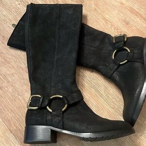 DONALD J PLINER “BOLE” BLACK SUEDED LEATHER WAXED TALL MOTO RIDING BOOTS SIZE 8M